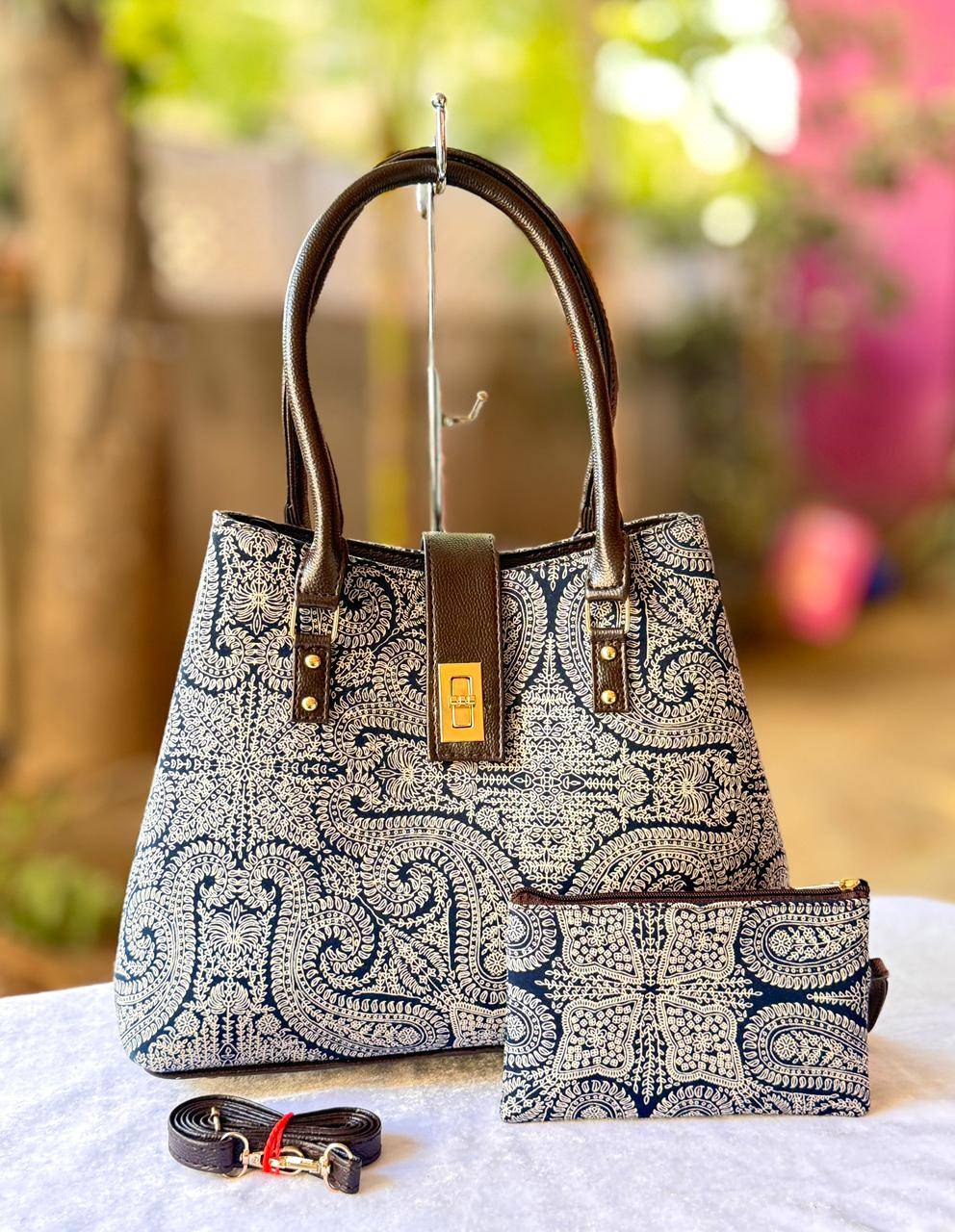 White Ethnic Motif Print Double Partition Tote Bag